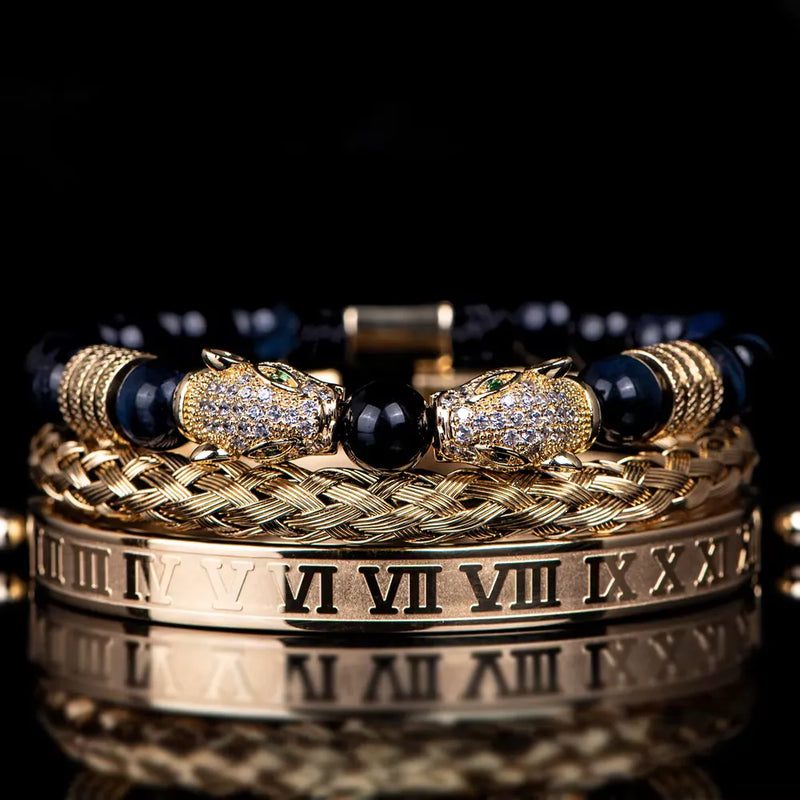 Leopard Emperor Bracelet Set - White Stones - Navy - Gold - White