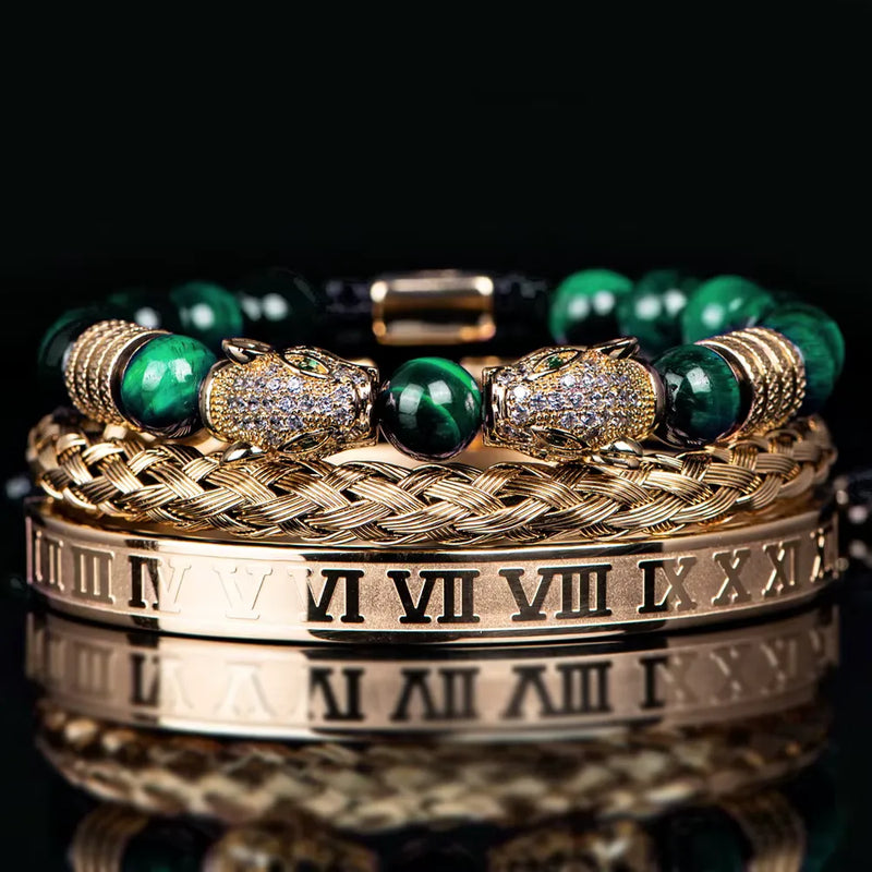 Leopard Emperor Bracelet Set - White Stones - Green - Gold - White