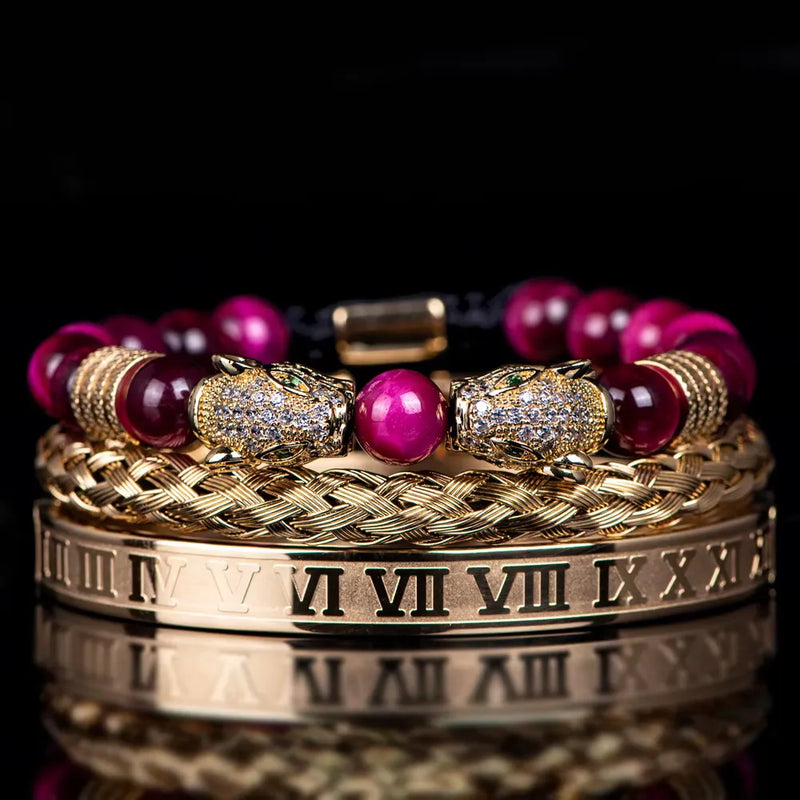Leopard Emperor Bracelet Set - White Stones - Magenta - Gold - White