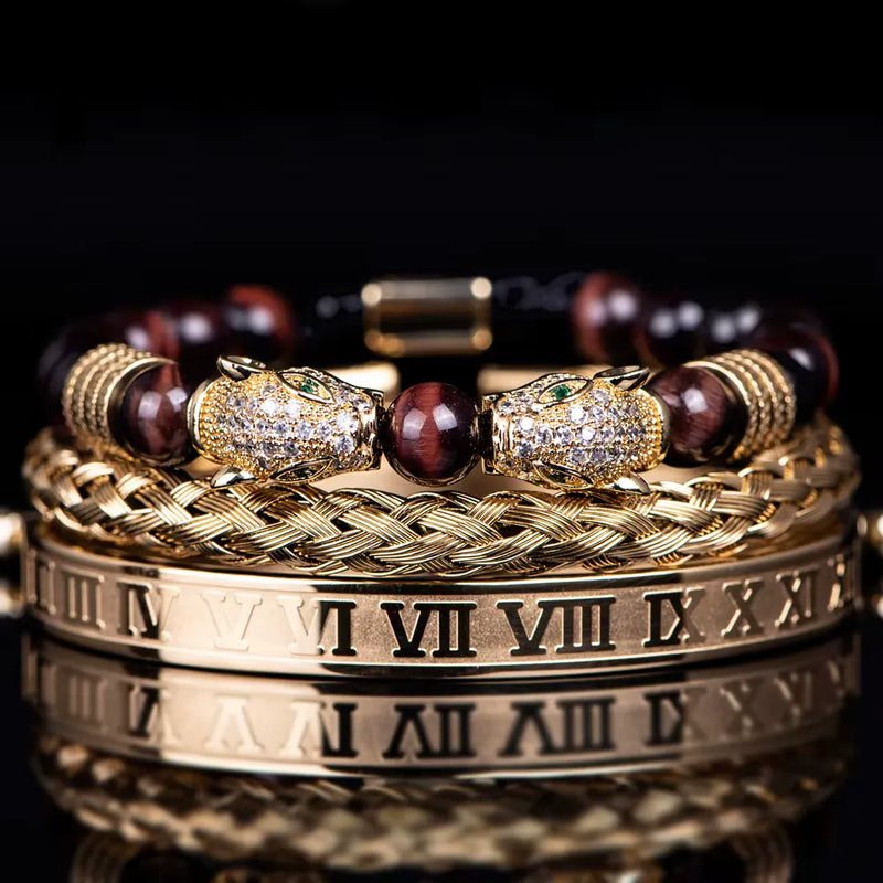 Leopard Emperor Bracelet Set - White Stones - Red - Gold - White