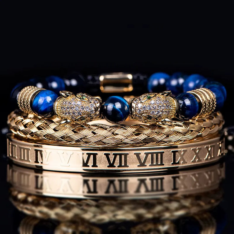 Leopard Emperor Bracelet Set - White Stones - Blue - Gold - White