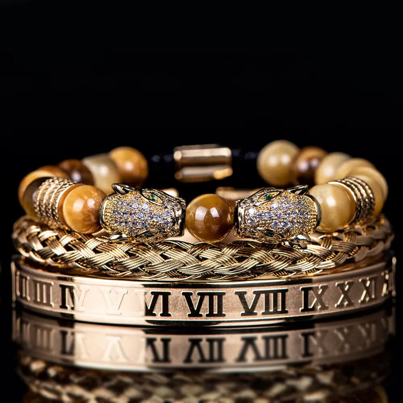 Leopard Emperor Bracelet Set - White Stones - Brown - Gold - White