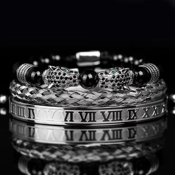 Leopard Emperor Bracelet Set - Black Stones - Black - Silver