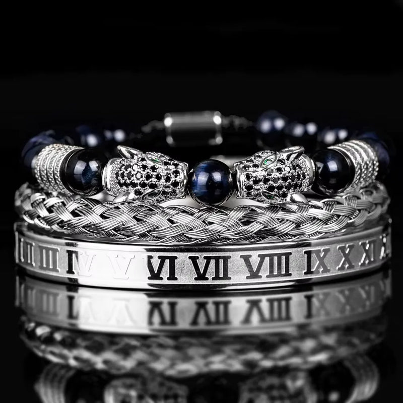 Leopard Emperor Bracelet Set - Black Stones - Navy - Silver - Black