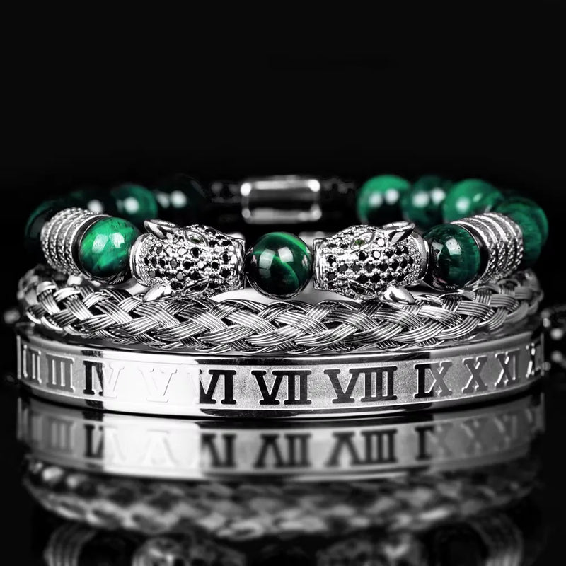 Leopard Emperor Bracelet Set - Black Stones - Green - Silver - Black