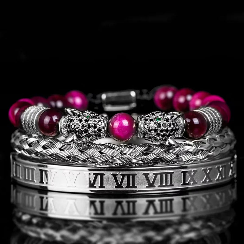 Leopard Emperor Bracelet Set - Black Stones - Magenta - Silver - Black