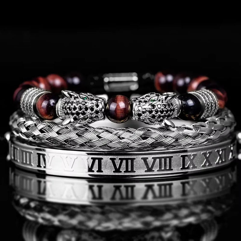 Leopard Emperor Bracelet Set - Black Stones - Red - Silver - Black