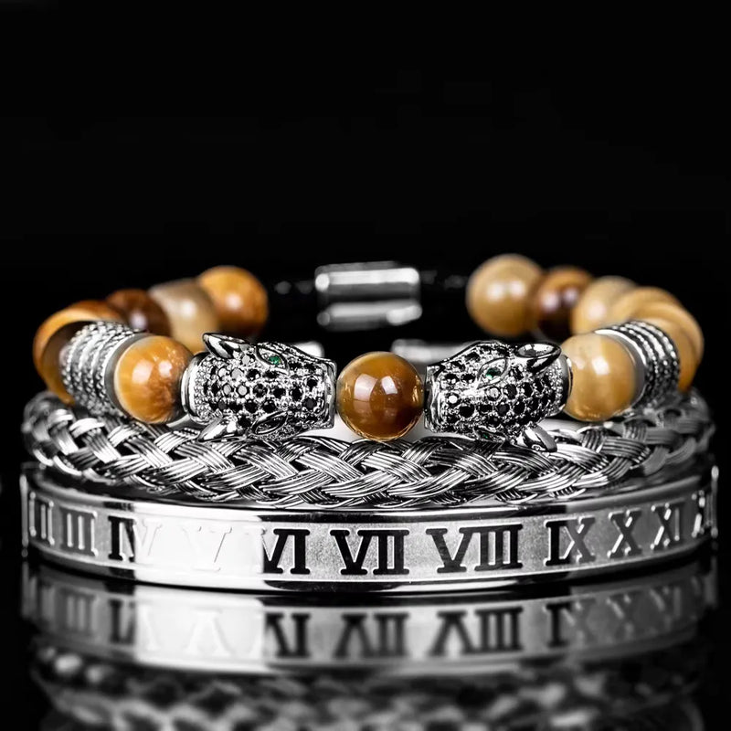 Leopard Emperor Bracelet Set - Black Stones - Brown - Silver - Black