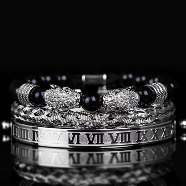 Leopard Emperor Bracelet Set - White Stones - Black - Silver - White