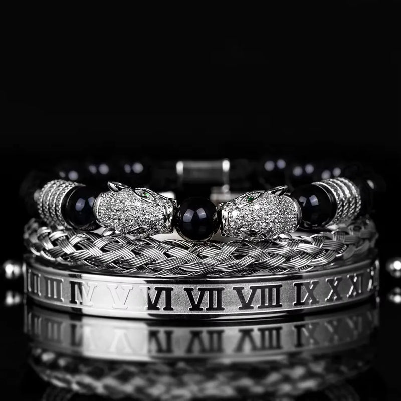 Leopard Emperor Bracelet Set - White Stones - Black - Silver - White