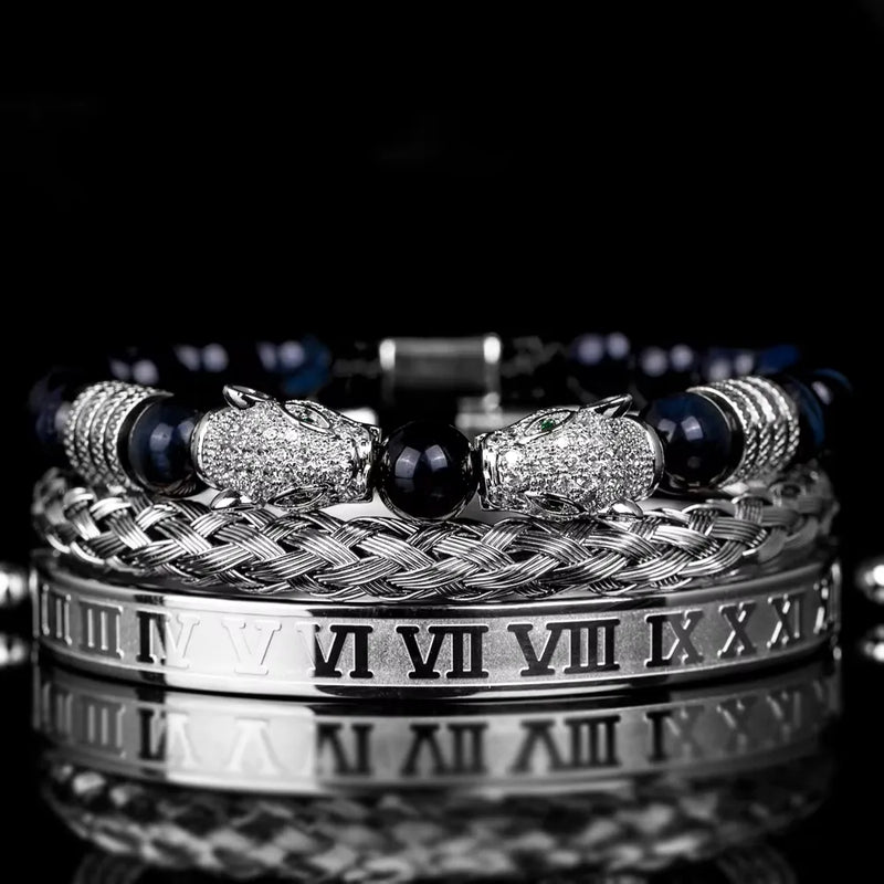Leopard Emperor Bracelet Set - White Stones - Navy - Silver - White
