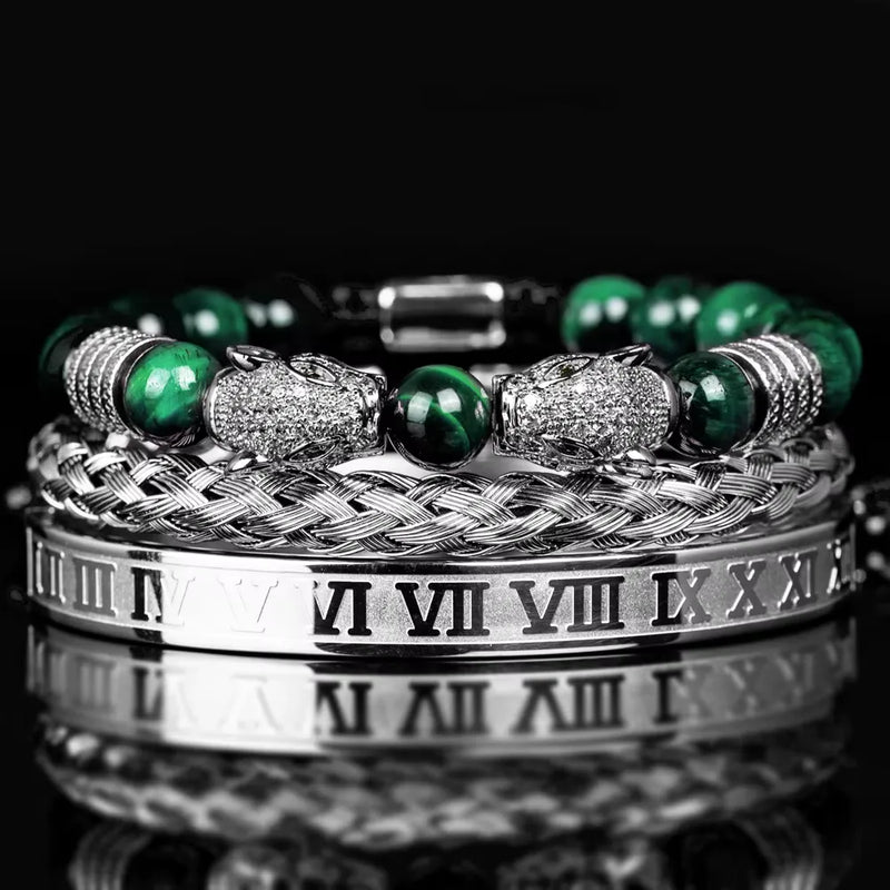 Leopard Emperor Bracelet Set - White Stones - Green - Silver - White