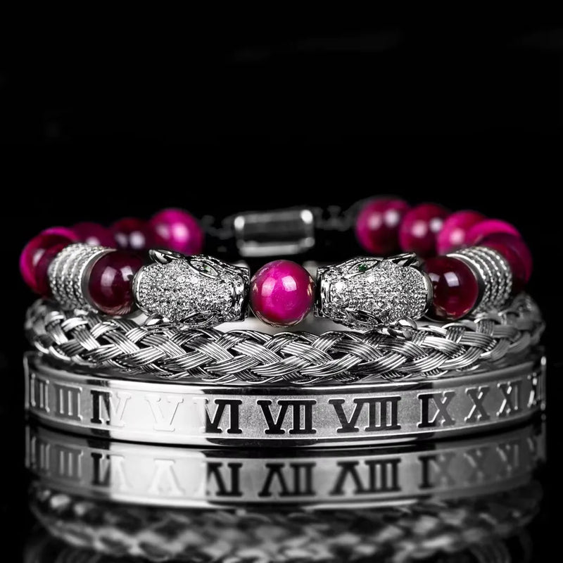 Leopard Emperor Bracelet Set - White Stones - Magenta - Silver - White