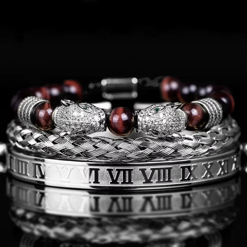 Leopard Emperor Bracelet Set - White Stones - Red - Silver - White