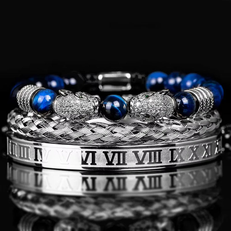 Leopard Emperor Bracelet Set - White Stones - Blue - Silver - White
