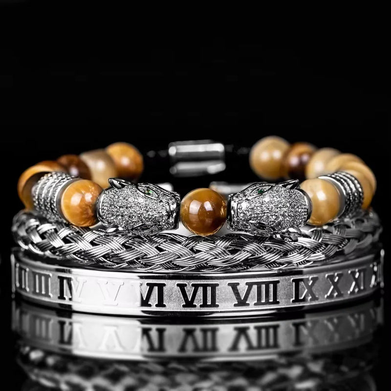 Leopard Emperor Bracelet Set - White Stones - Brown - Silver - White