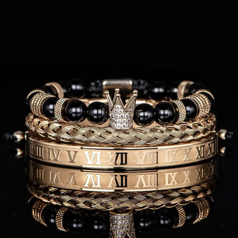 Luxury Pearl Crown Bracelet Set - Gold - Black