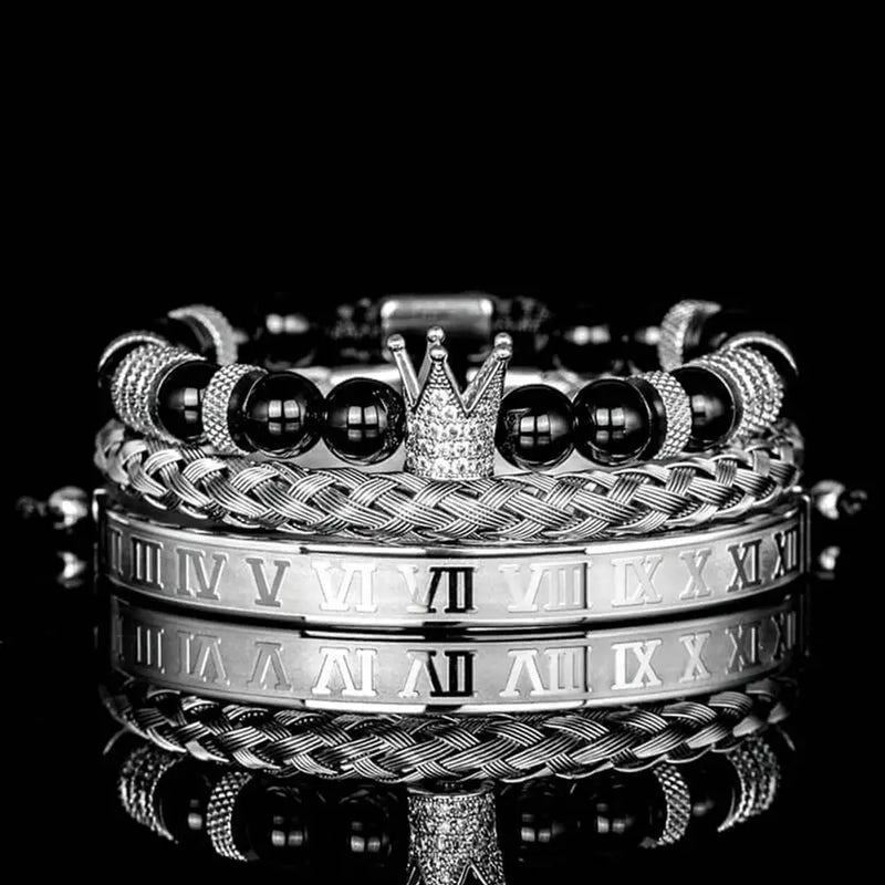 Luxury Pearl Crown Bracelet Set - Silver - Black