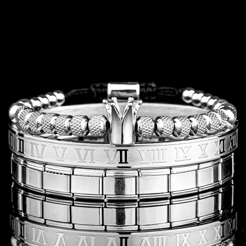 Roman Crown Bracelet Set - Silver