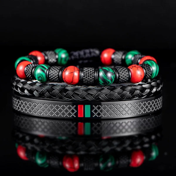 Red-Green Stripe Bracelet Set - Black