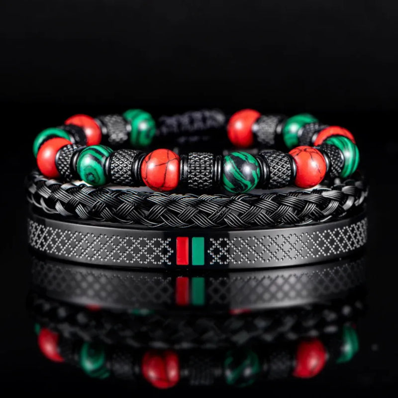 Red-Green Stripe Bracelet Set - Black