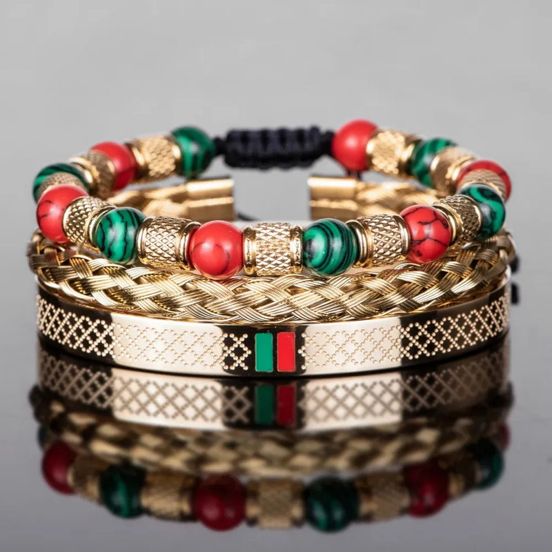 Red-Green Stripe Bracelet Set - Gold