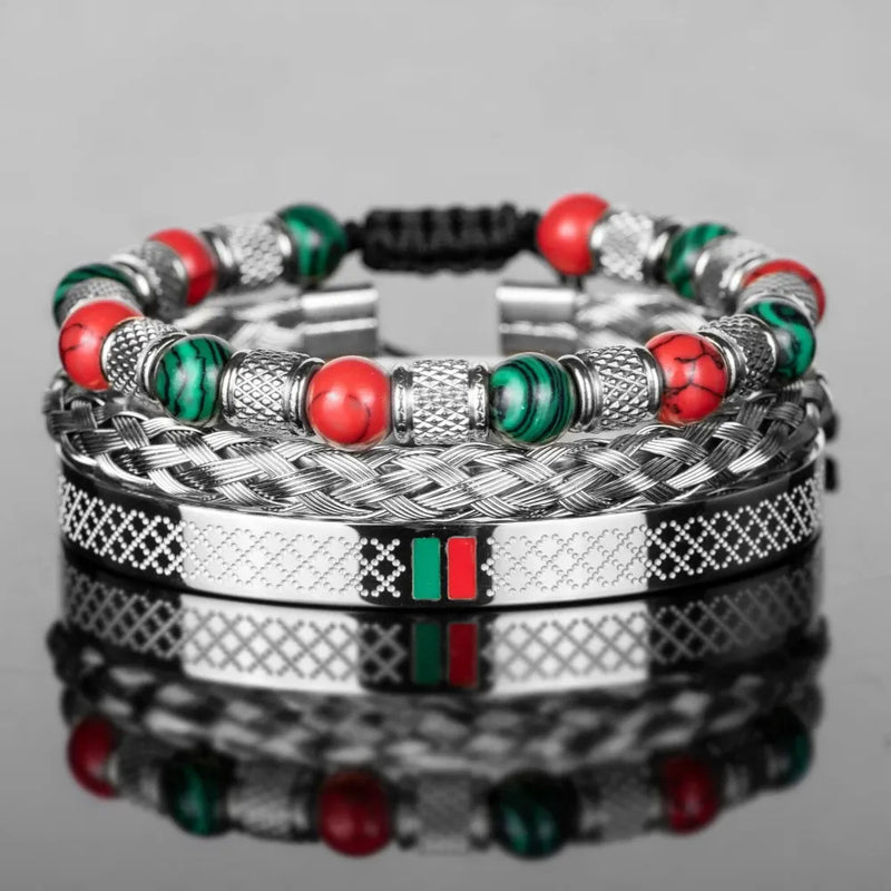 Red-Green Stripe Bracelet Set - Silver