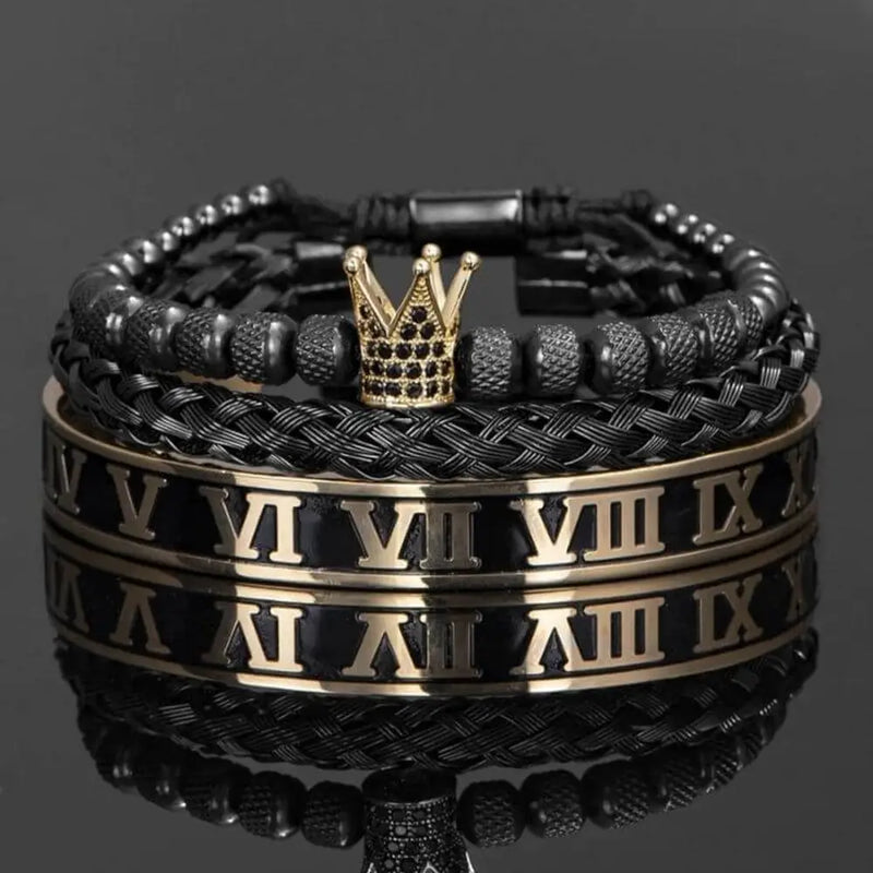 Roman Emperor Bracelet Set - Gold - Black - Gold Crown