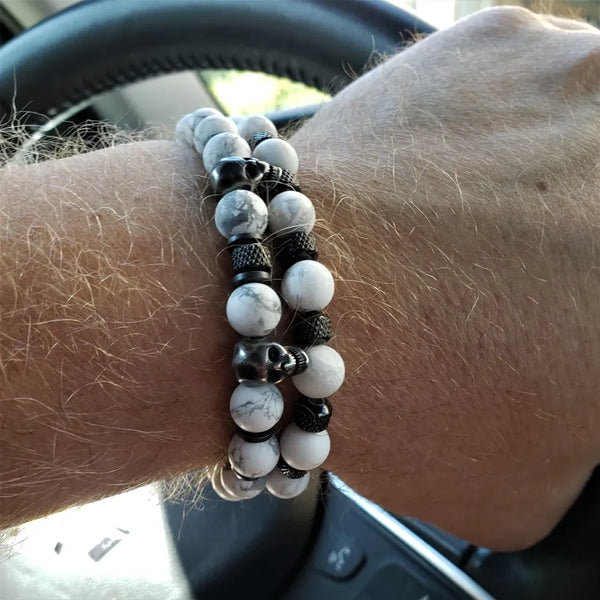 White Stone Skull Bracelet Set